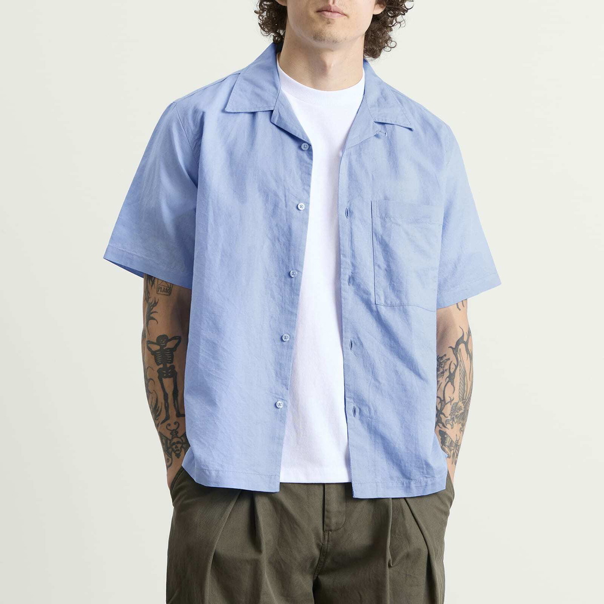 Universal Works Men's Linen Cotton Camp Shirt in Pale Blue