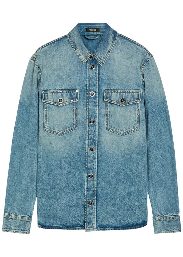 Photo: Versace Stud-embellished Denim Shirt Light Blue