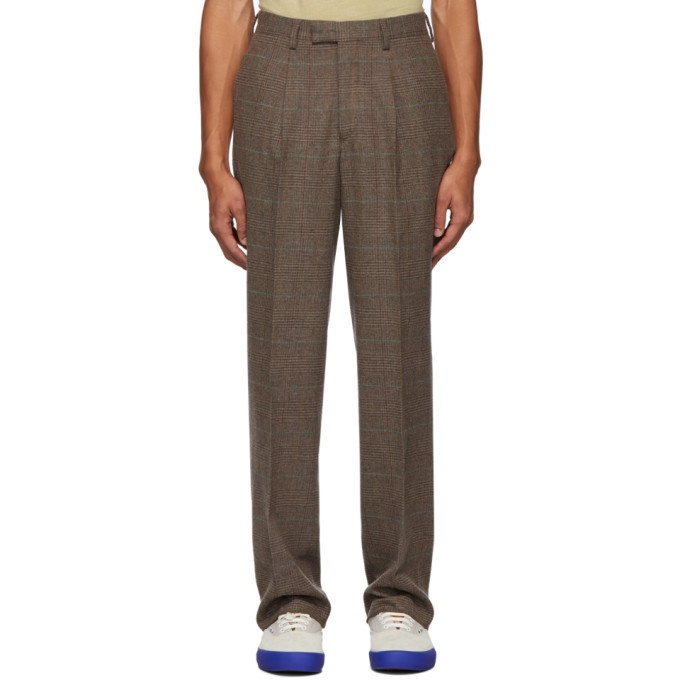 Photo: Noah NYC Brown Wool Check Single-Pleat Suit Trousers