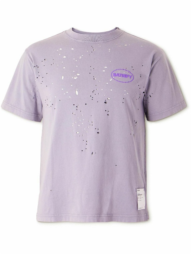 Photo: Satisfy - Distressed Logo-Print MothTech™ Organic Cotton-Jersey T-Shirt - Purple