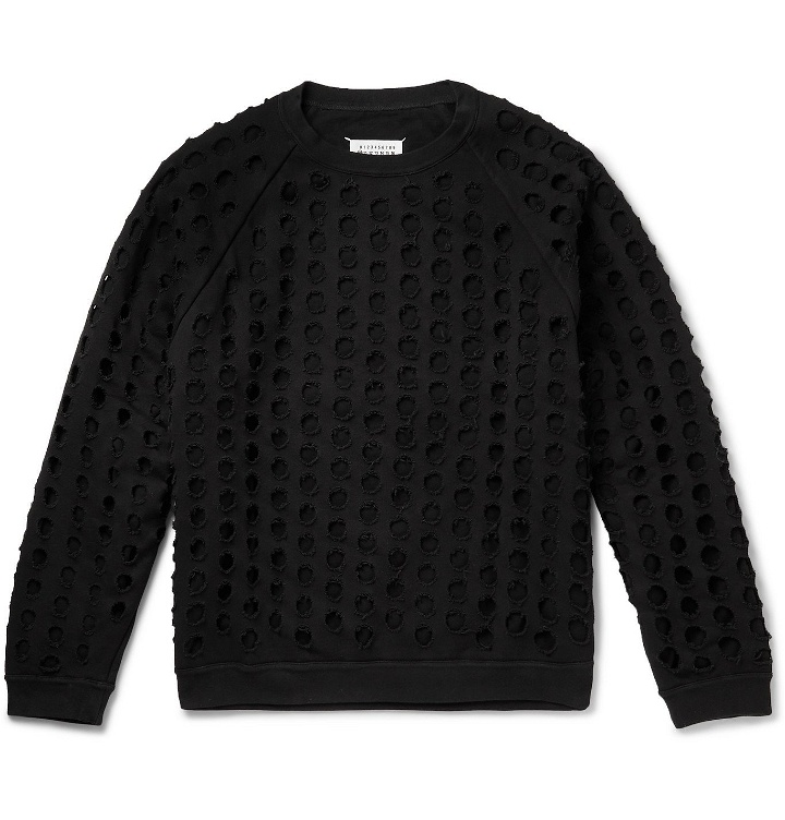 Photo: Maison Margiela - Cutout Distressed Cotton-Jersey Sweatshirt - Black