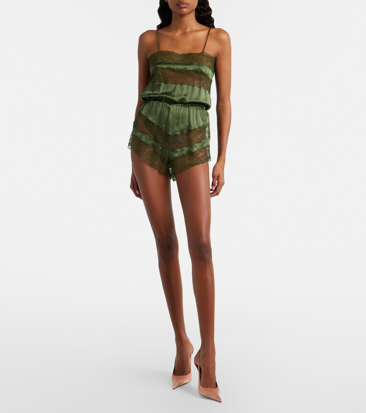 Saint Laurent Lace-trimmed silk satin romper