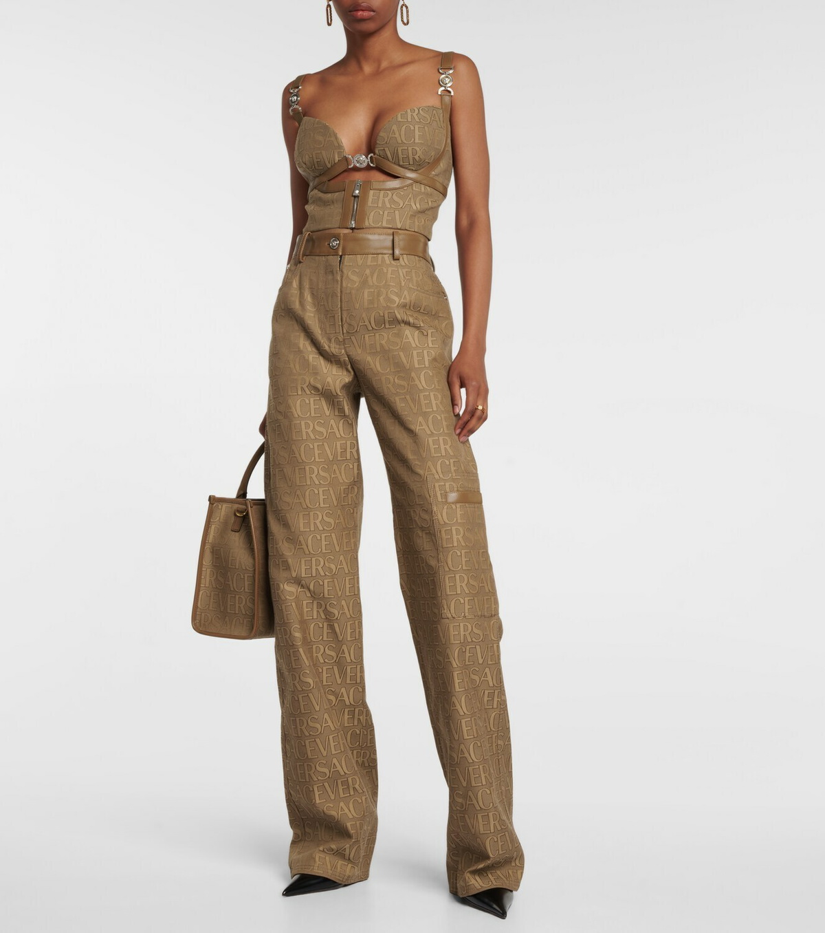 Versace Logo jacquard leather-trimmed pants Versace