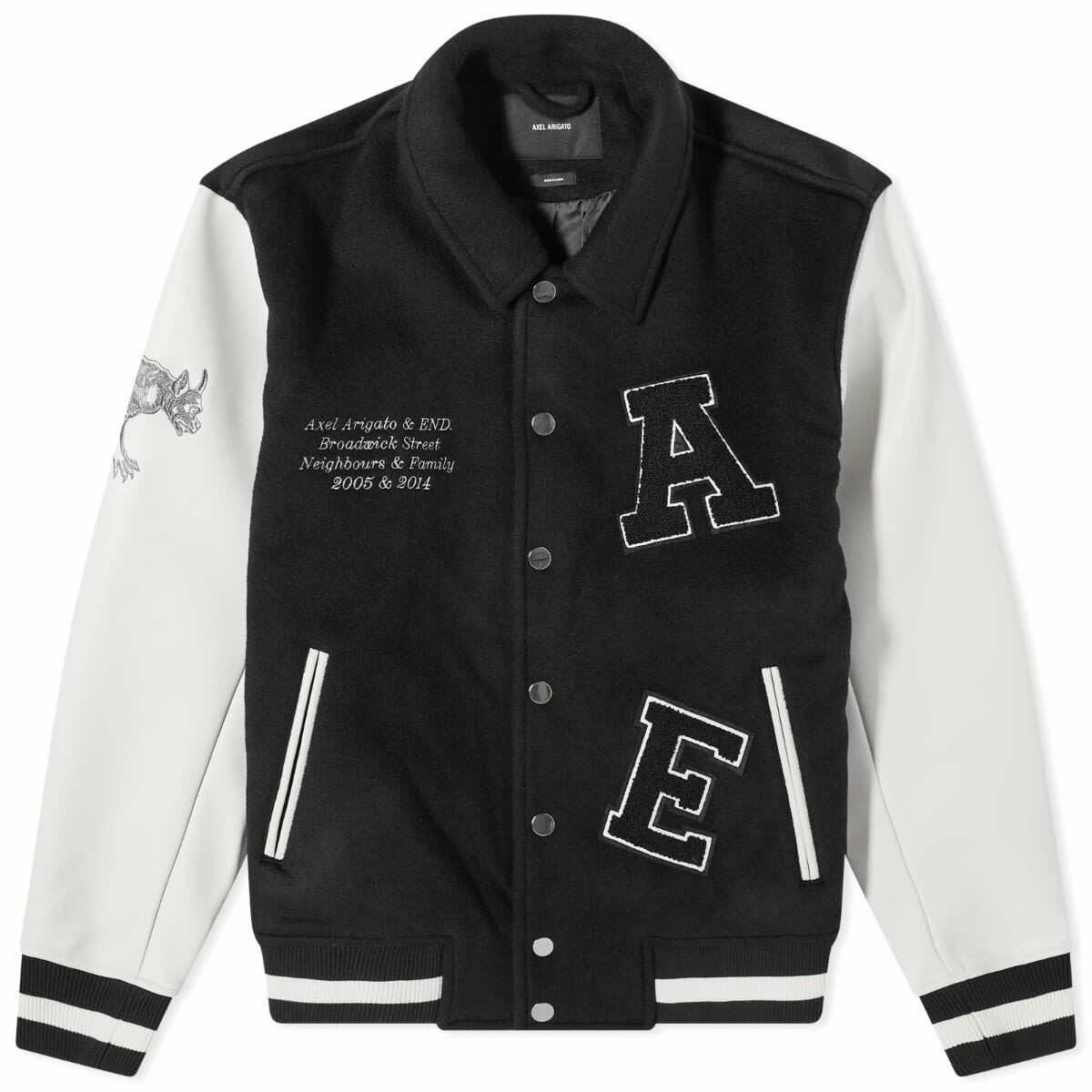END. x Axel Arigato Men's Milan Gargoyle Varsity Jacket in Black/White ...