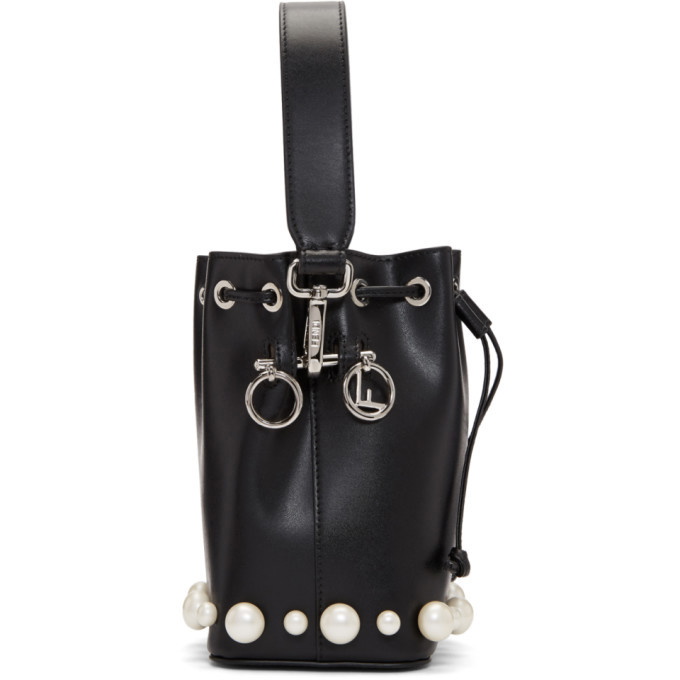 Fendi Womens Single Strap Mini Pearl Mon Tresor Bucket Handbag Black  Leather