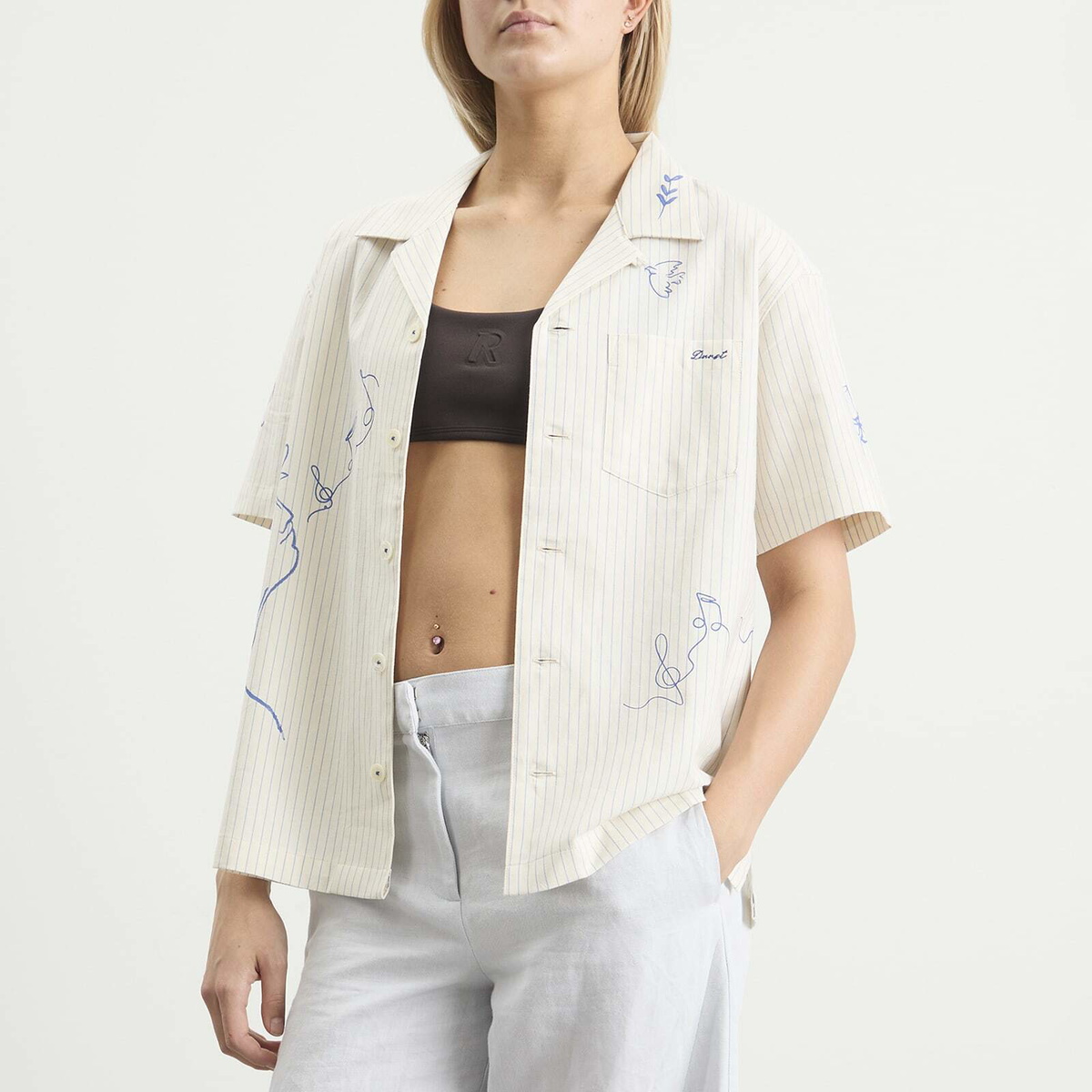 DUNST Women's Hand-Drawing Open Collared Shirt in Capri Ocean
