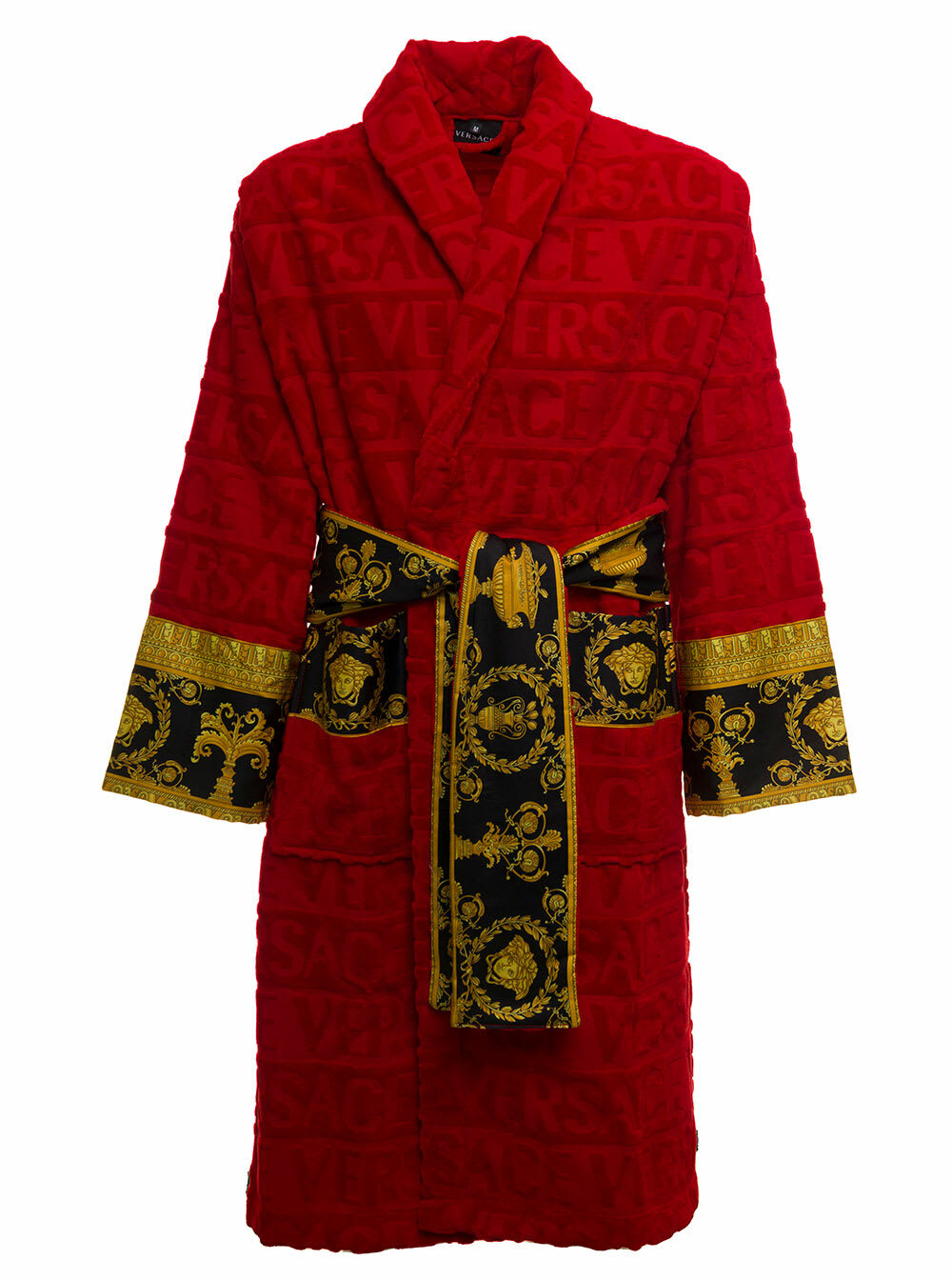 ルームウェア・パジャマ VERSACE Black Terry Cotton Bathrobe with Baroque Pattern Versace Black Terry Cotton Bathrobe With Baroque Pattern Versace