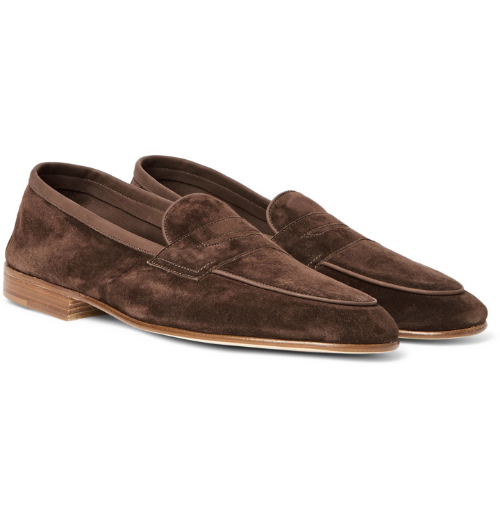 Photo: Edward Green - Polperro Leather-Trimmed Suede Penny Loafers - Brown