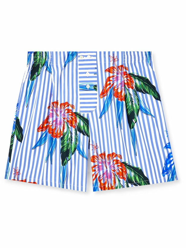 Photo: Sebline - Striped Floral-Print Cotton-Poplin Boxer Shorts - Blue