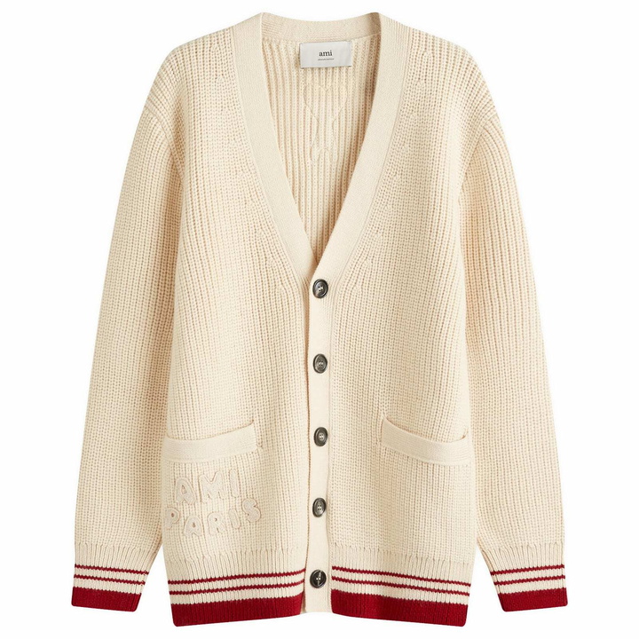 Photo: AMI Paris Men's Ribbed College Cardigan in White Cream
