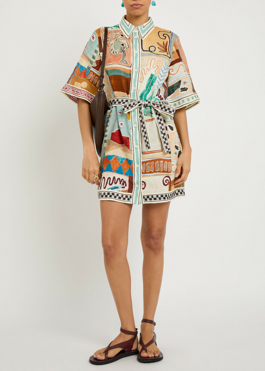 Alemais Michelle Printed Belted Linen Mini Shirt Dress Multicoloured