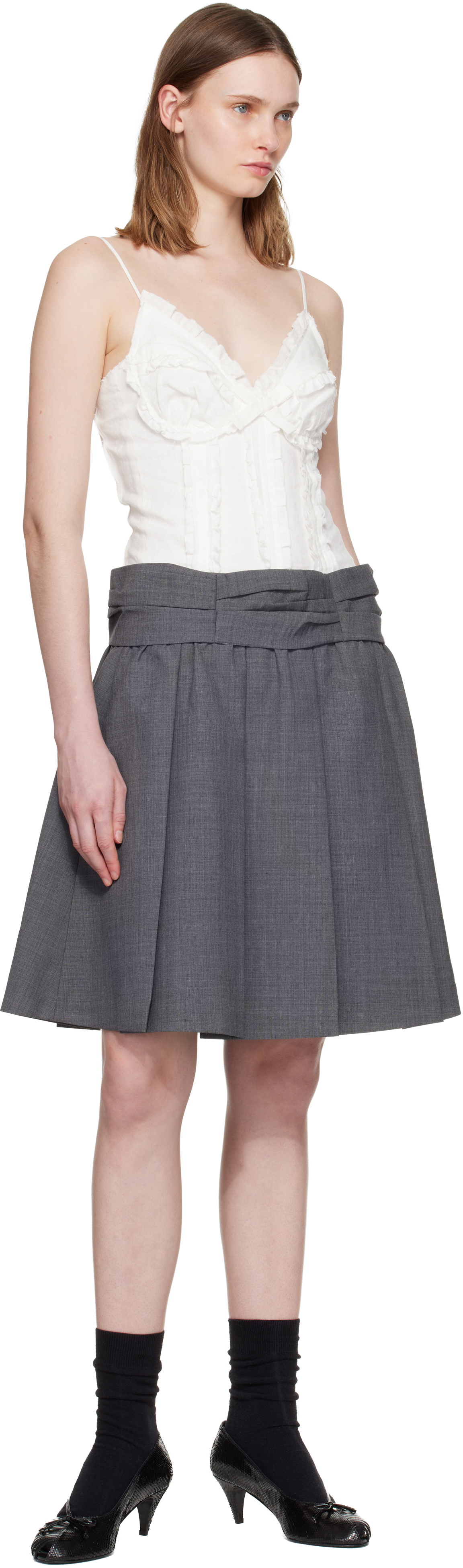 SHUSHU/TONG Gray Draped Waist Wide-Pleat Midi Skirt