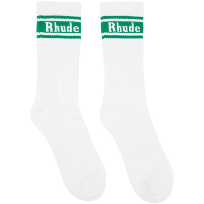 Photo: Rhude White and Green Stripe Logo Socks