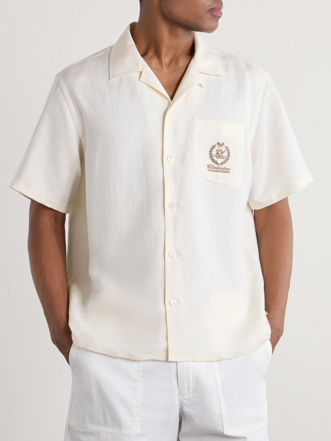 Ralph Lauren Purple label - Wimbledon Camp-Collar Embroidered Silk and Linen-Blend Shirt - Neutrals