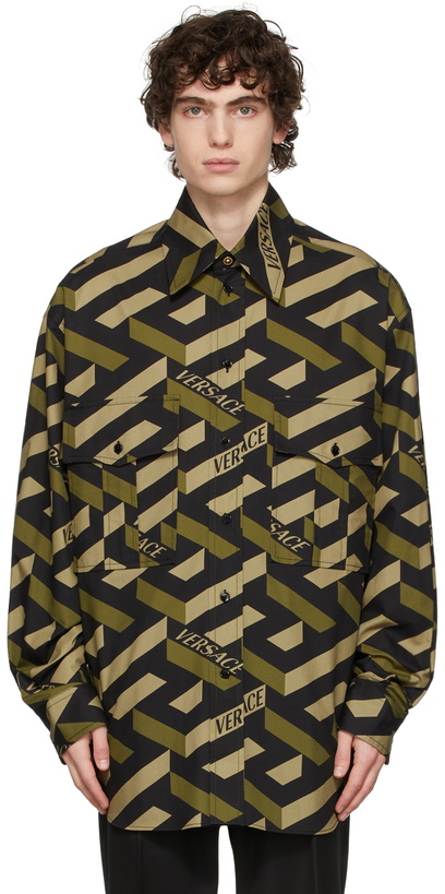 Photo: Versace Green & Black 'La Greca' Monogram Overshirt