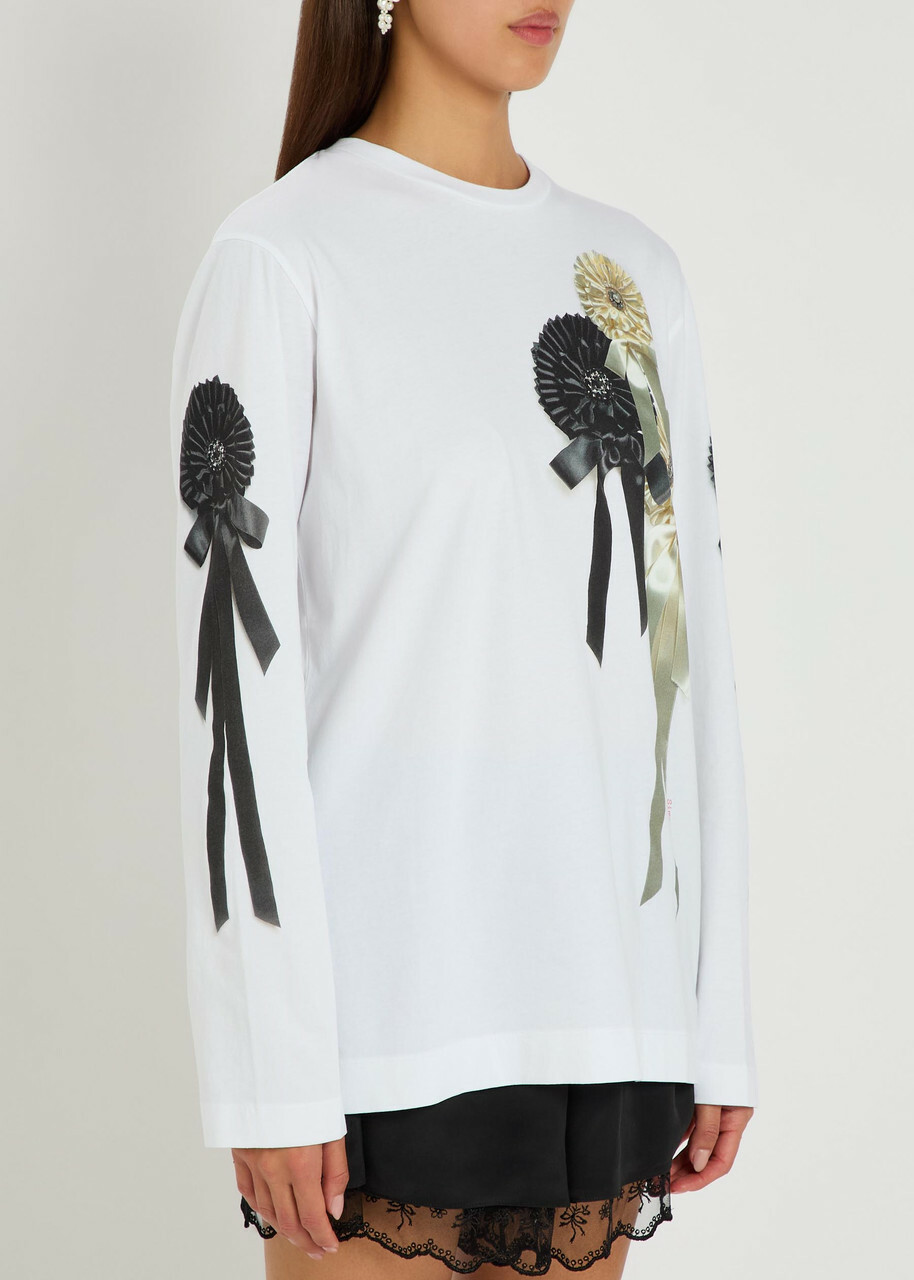 Simone Rocha Ribbon Rosette Printed Long-sleeve Cotton T-shirt White