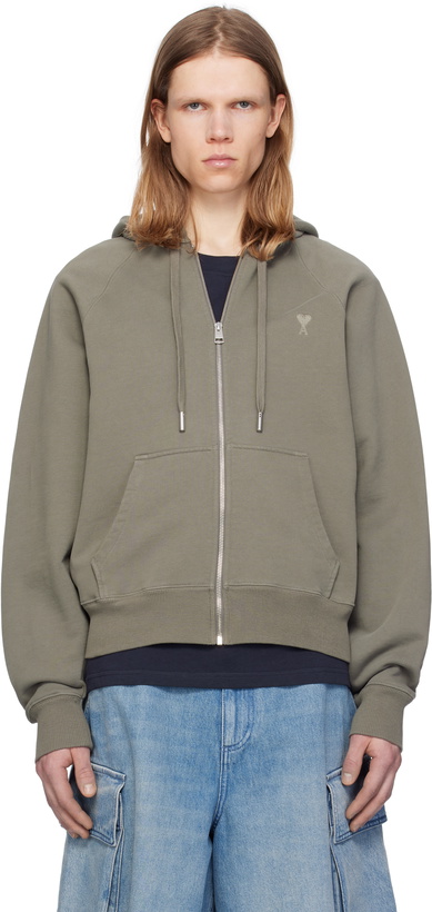 Photo: AMI Paris Khaki Cotton Tonal Ami de Coeur Hoodie