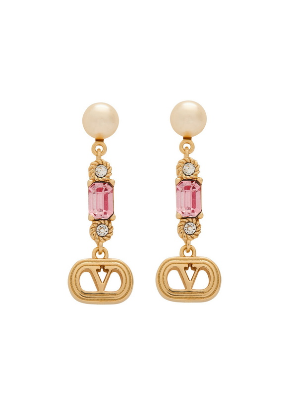 Photo: Valentino Garavani Ovalette Vlogo Swarovski Embellished Drop Earrings - Gold - One Size