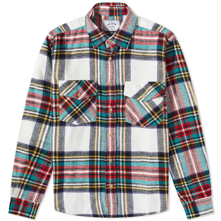 Photo: Portuguese Flannel Men's Metaplace Check 2 Pocket Overshirt in White/Navy/Red