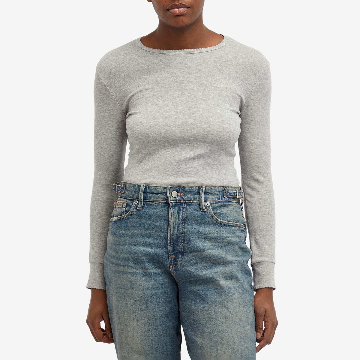 DONNI. Women's Baby Rib Scallop Long Sleeve Top in Heather Grey