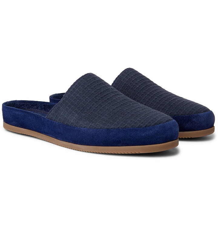 Photo: Mulo - Hamilton and Hare Suede-Trimmed Waffle-Knit Slippers - Blue