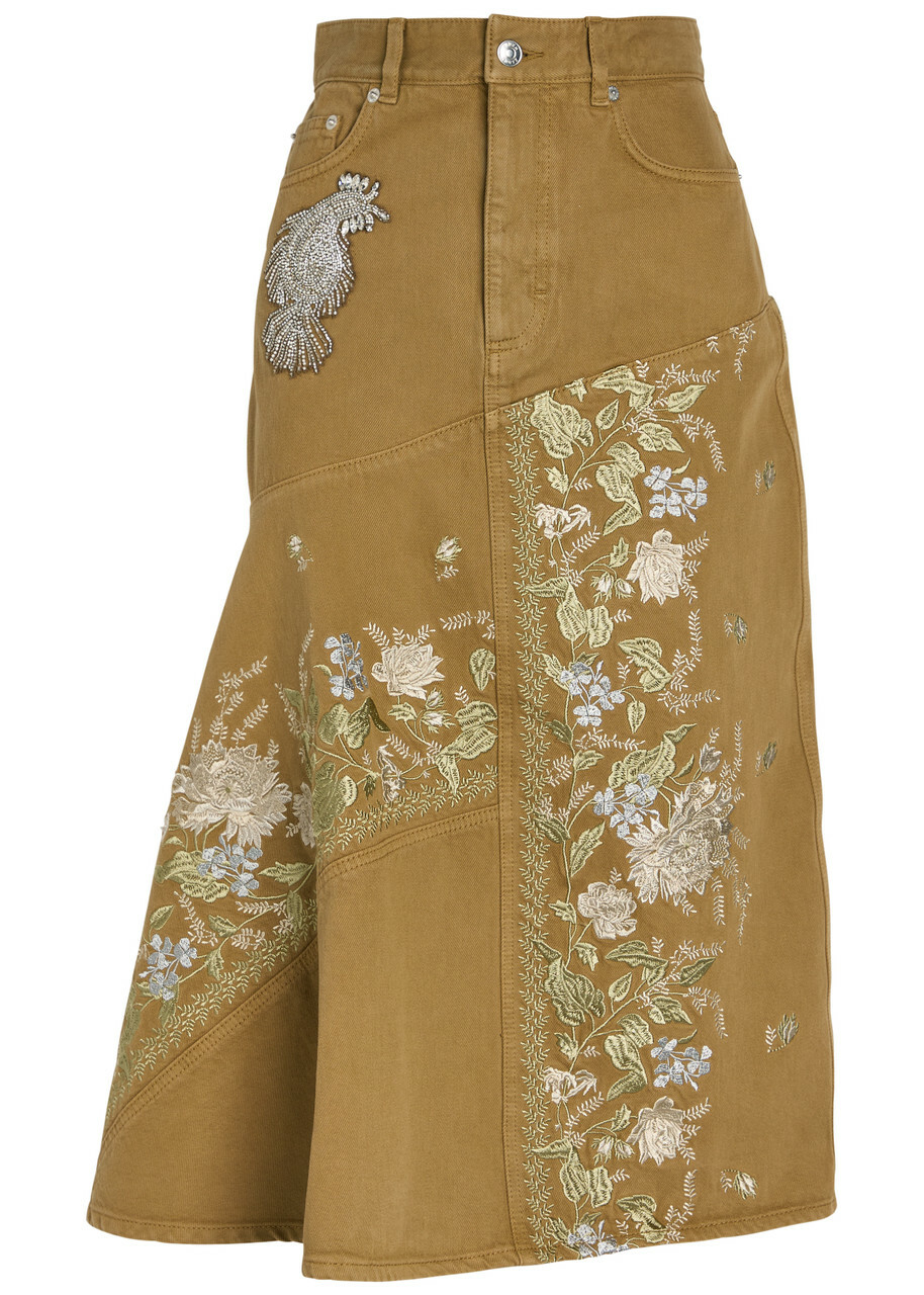 Erdem Floral-embroidered Denim Midi Dress Camel