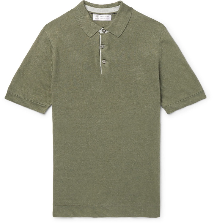 Photo: Brunello Cucinelli - Slim-Fit Knitted Linen and Cotton-Blend Polo Shirt - Green