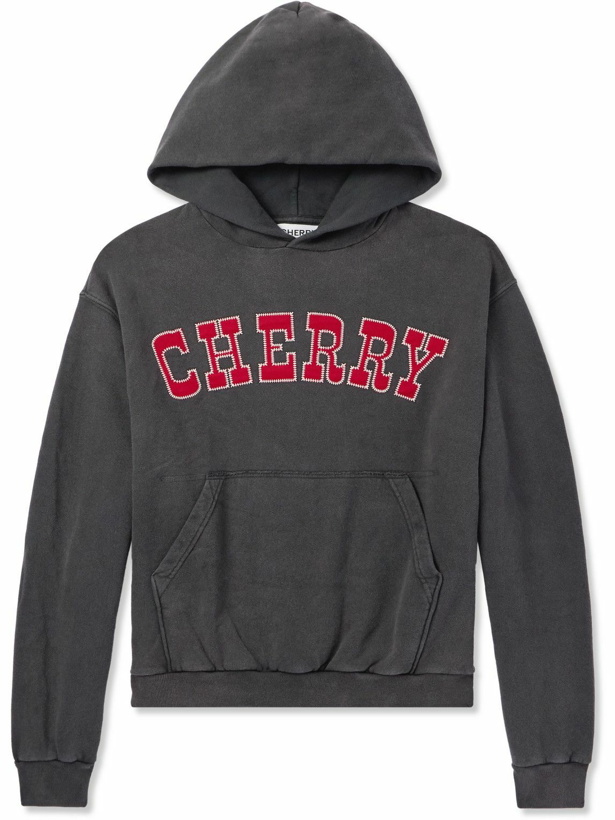 Photo: Cherry Los Angeles - Championship Distressed Logo-Appliquéd Cotton-Jersey Hoodie - Gray