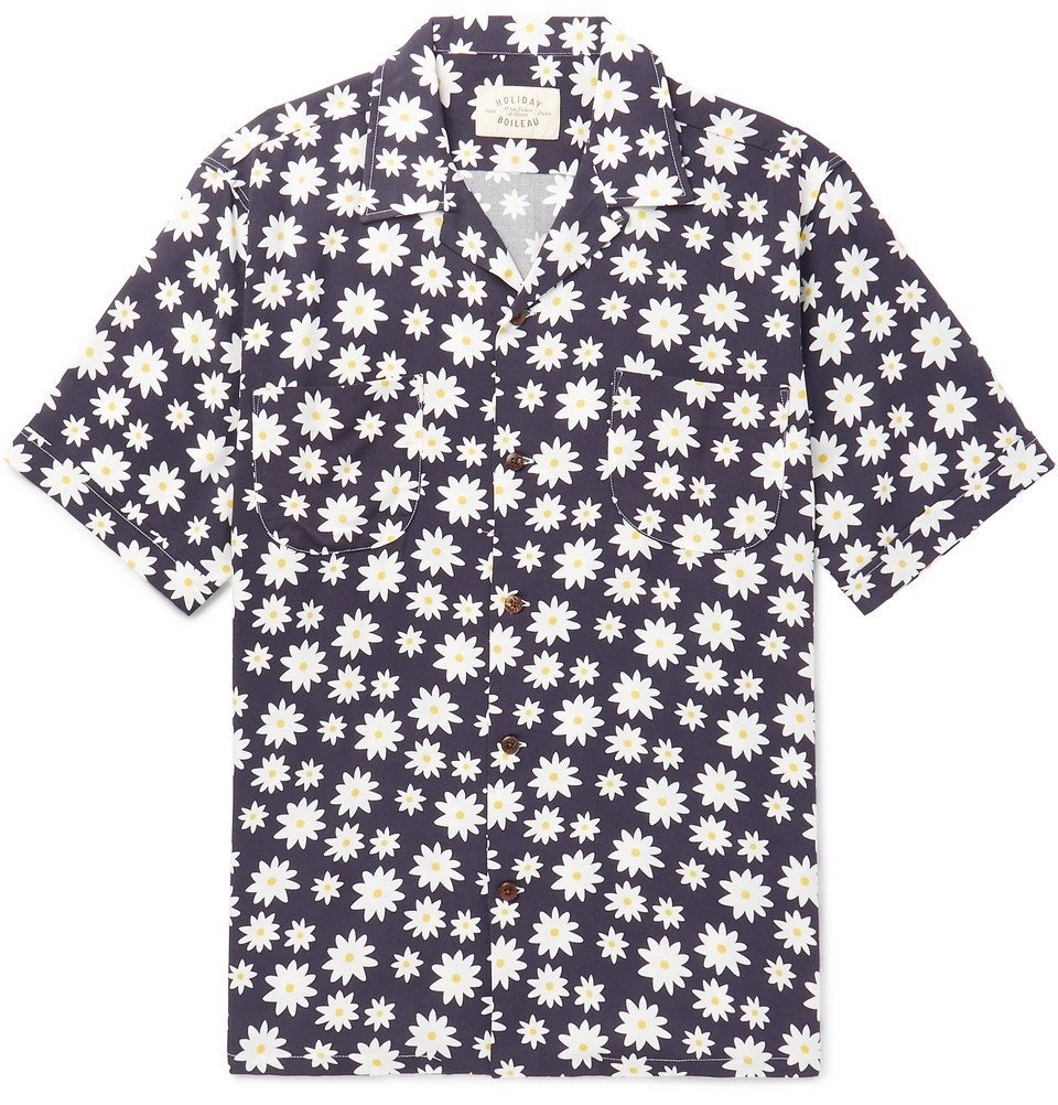 Photo: Holiday Boileau - Camp-Collar Floral-Print Woven Shirt - Blue