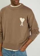 Ami Paris Logo-intarsia Wool and Cotton-blend Jumper Beige