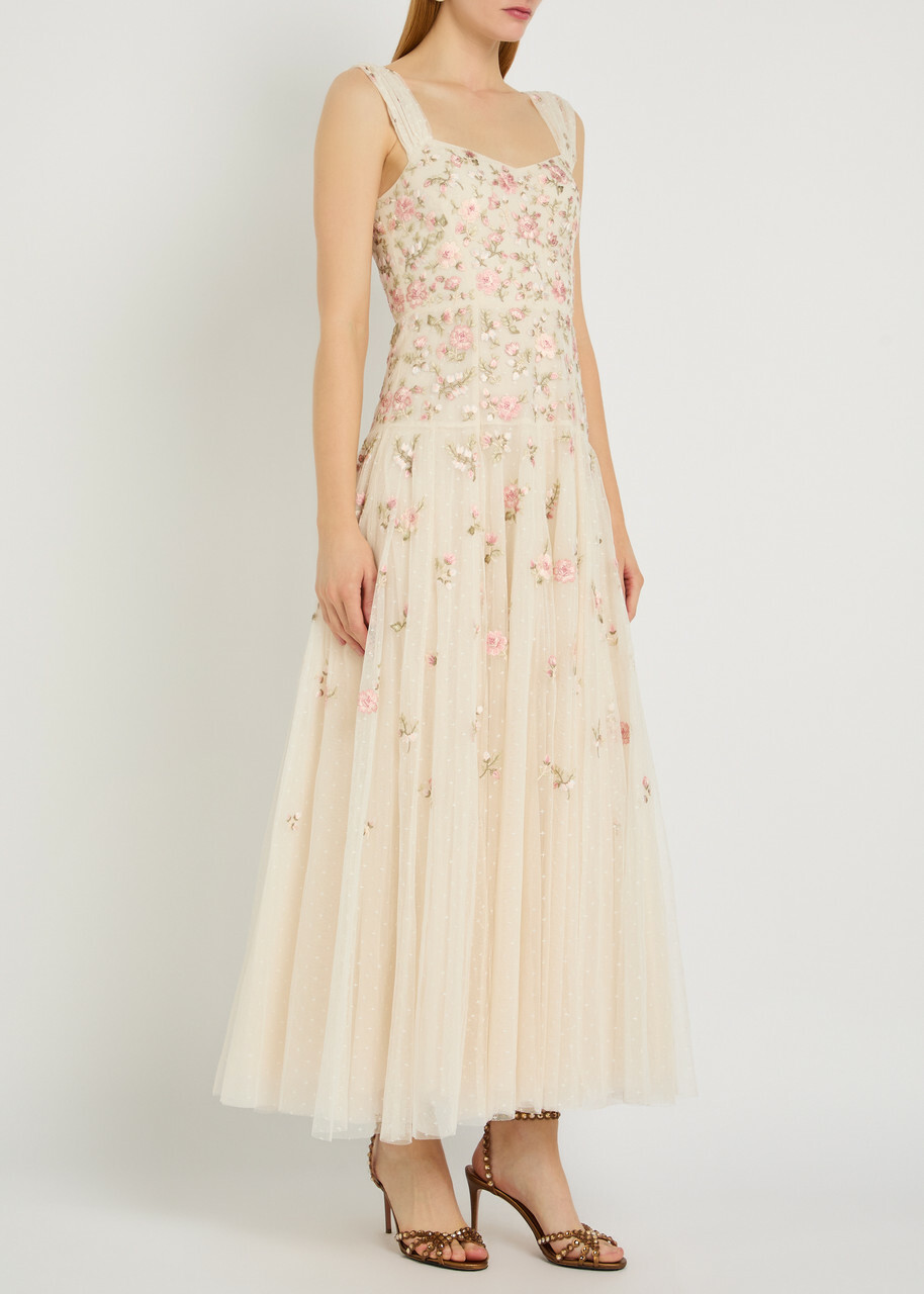 Needle & Thread Mayflower Ditsy Floral-embroidered Tulle Gown Cream