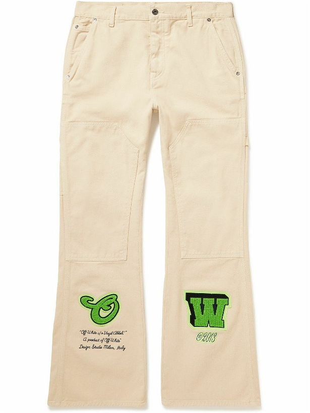 Photo: Off-White - Straight-Leg Appliquéd Cotton-Canvas Trousers - Neutrals