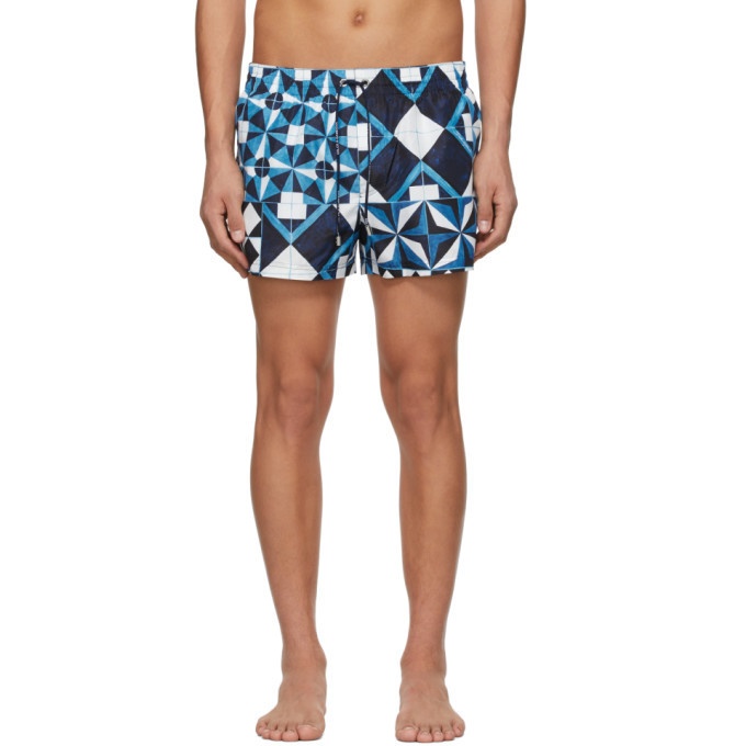 Photo: Dolce and Gabbana Blue Geometric Print Swim Shorts