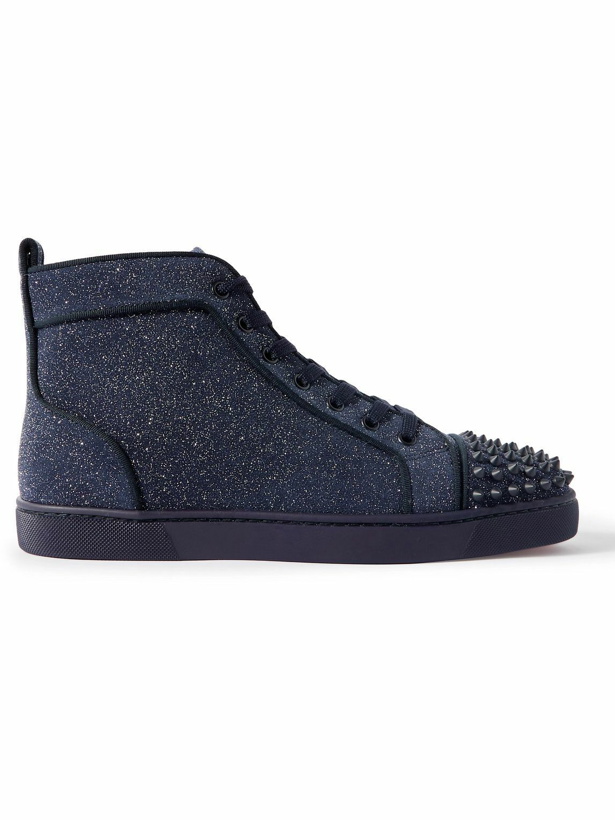Photo: Christian Louboutin - Louis Spiked Glitter Suede-Trimmed Leather High-Top Sneakers - Blue