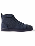 Christian Louboutin - Louis Spiked Glitter Suede-Trimmed Leather High-Top Sneakers - Blue