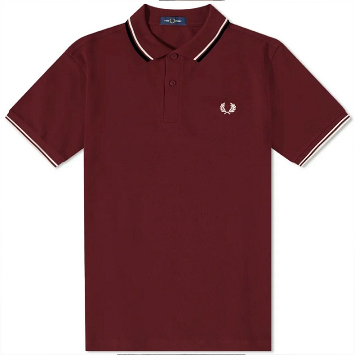 Photo: Fred Perry Men's Slim Fit Twin Tipped Polo Shirt in Oxblood/Ecru/Black