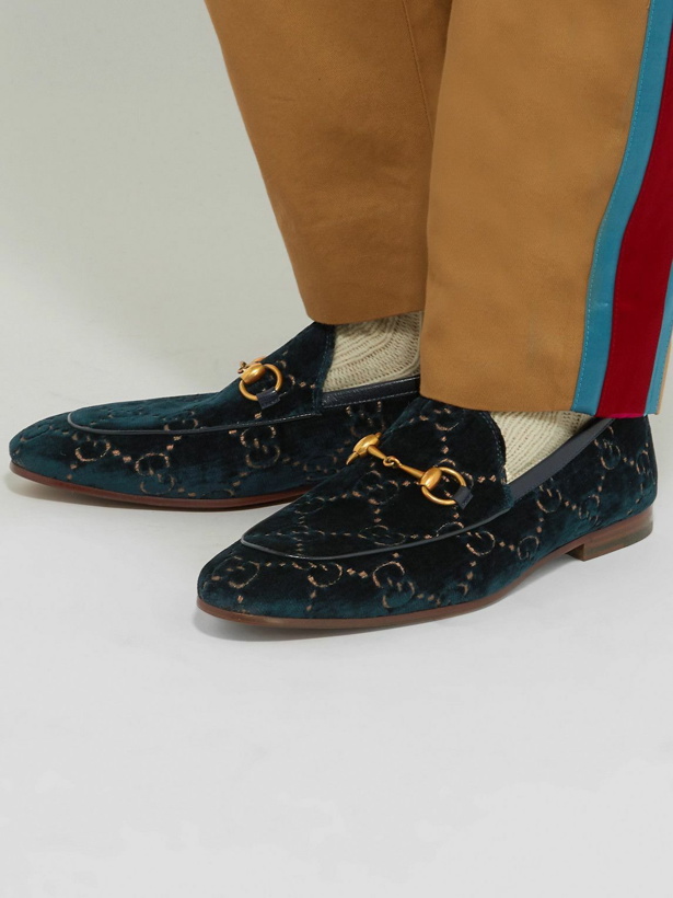 Photo: GUCCI - Jordaan Horsebit Leather-Trimmed Logo-Embroidered Velvet Loafers - Blue