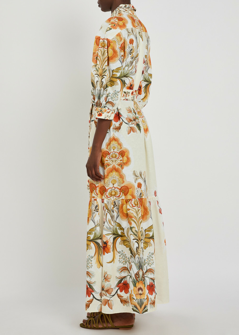 Borgo DE Nor Bianca Floral-print Belted Linen-blend Maxi Shirt Dress Cream