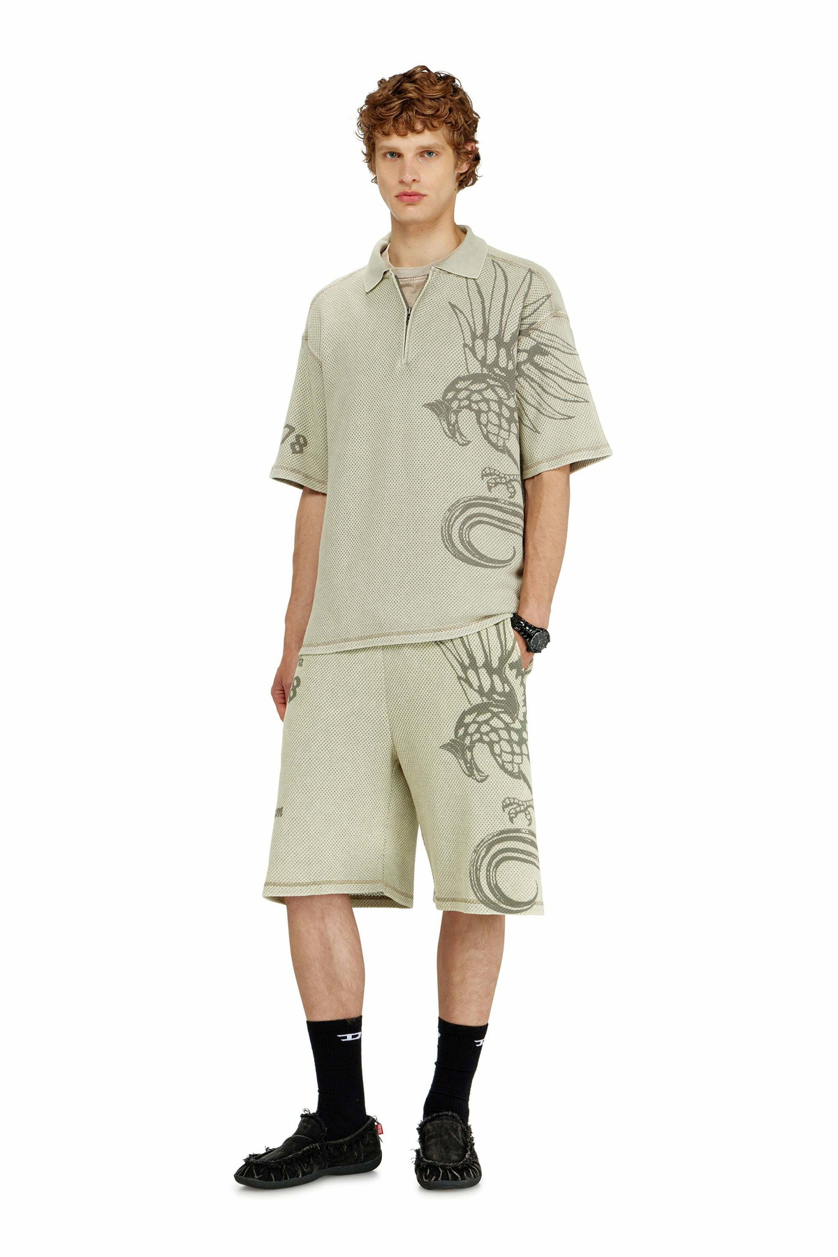 Diesel Mesh-jacquard polo shirt with Phoenix print - Polos Mens in Beige