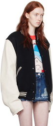 Pushbutton Black & White Leather Sleeve Bomber Jacket