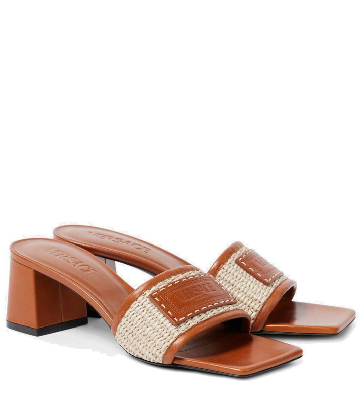 Photo: Versace Theia Barocco leather-trimmed raffia mules