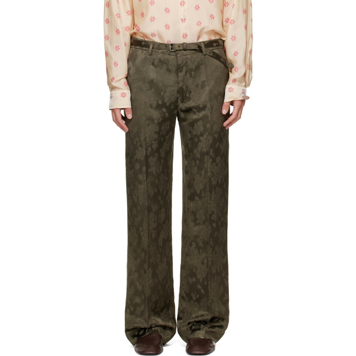 Photo: Dries Van Noten Khaki Belted Floral Jacquard Trousers
