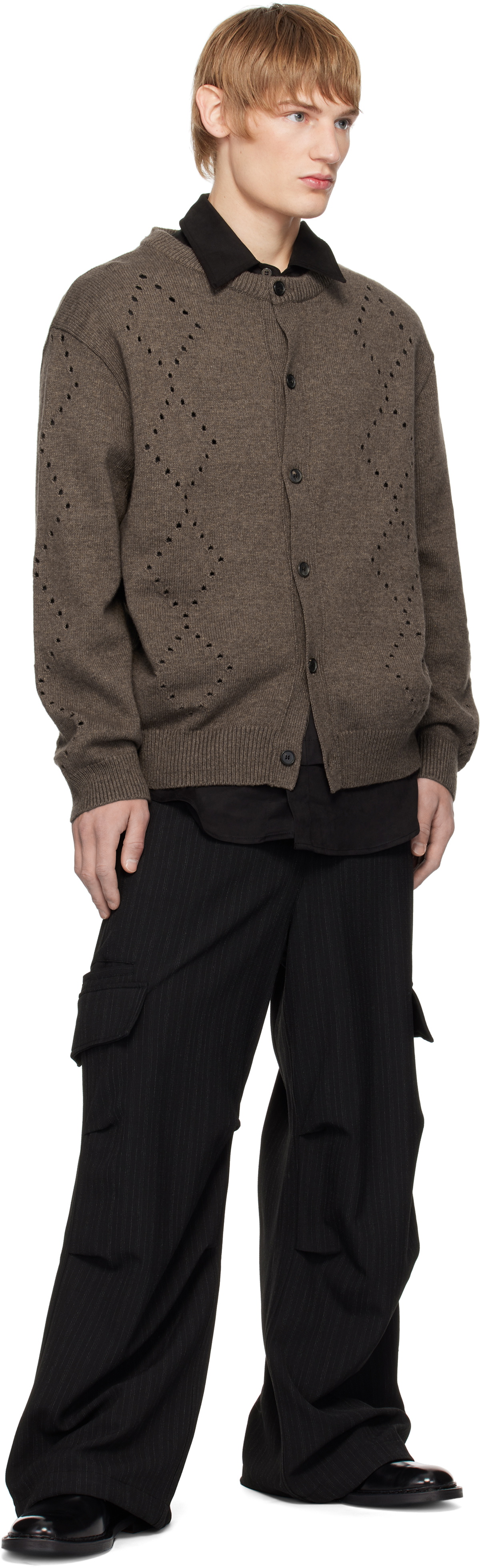 Youth Brown Argyle Punching Knit Cardigan