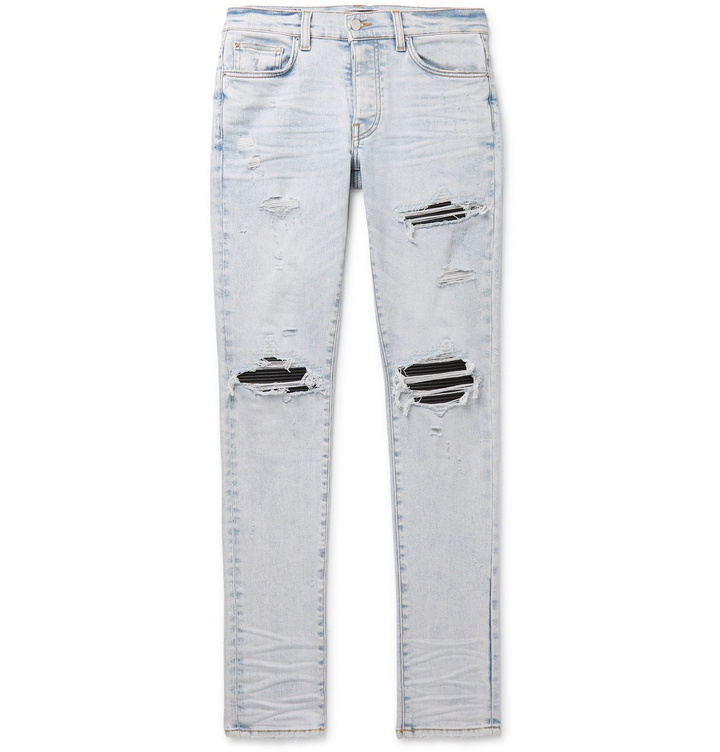 Photo: AMIRI - MX1 Skinny-Fit Leather-Panelled Distressed Stretch-Denim Jeans - Blue