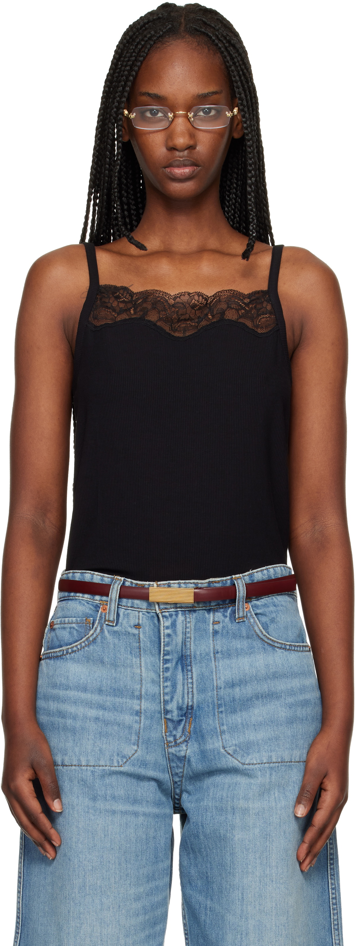 Re/Done Black Lace Ribbed Camisole