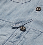 Greg Lauren - Grandad-Collar Panelled Cotton-Chambray and Checked Canvas Shirt - Blue