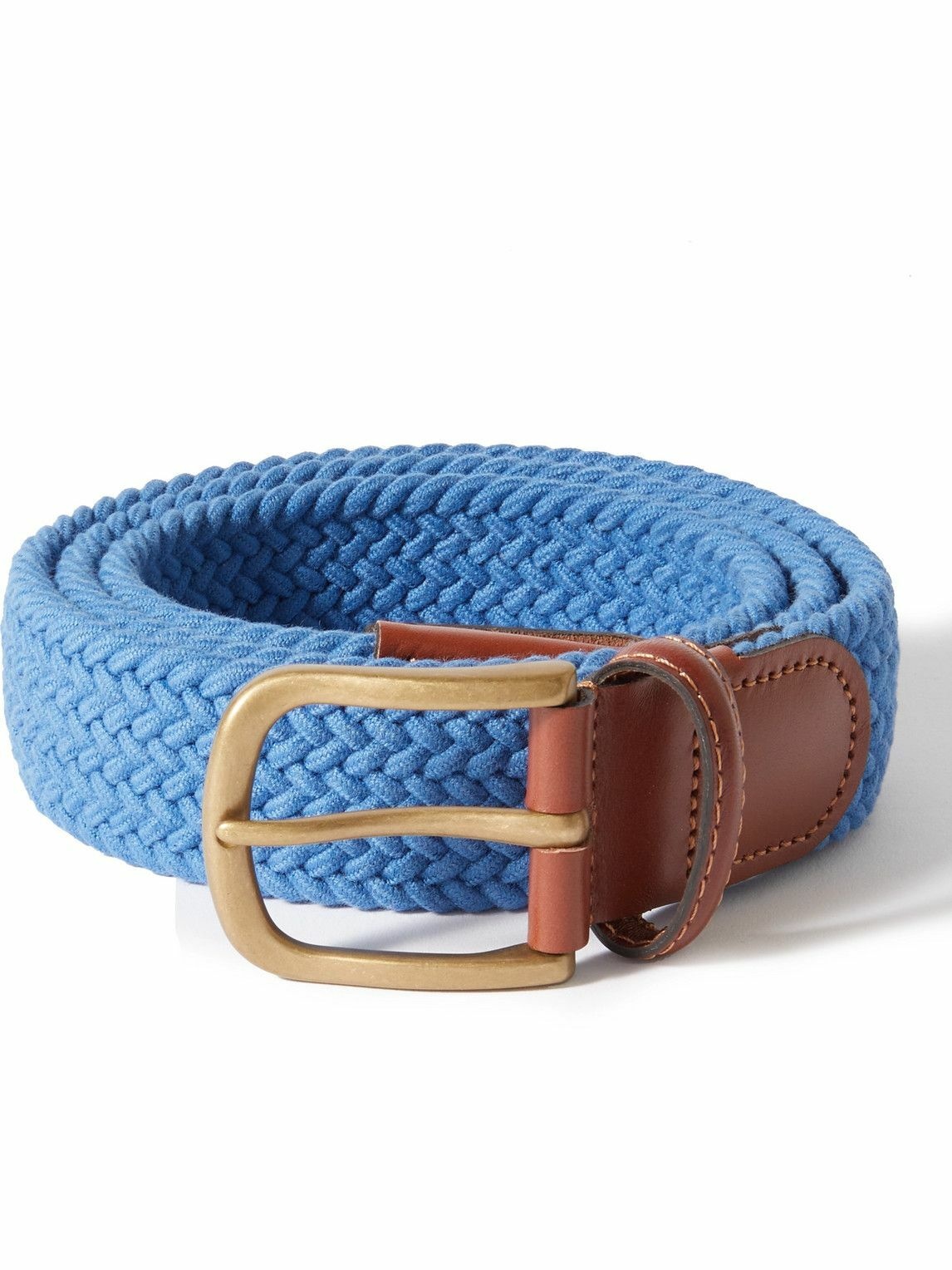 Photo: Anderson & Sheppard - 3.5cm Leather-Trimmed Woven Stretch-Cotton Belt - Blue