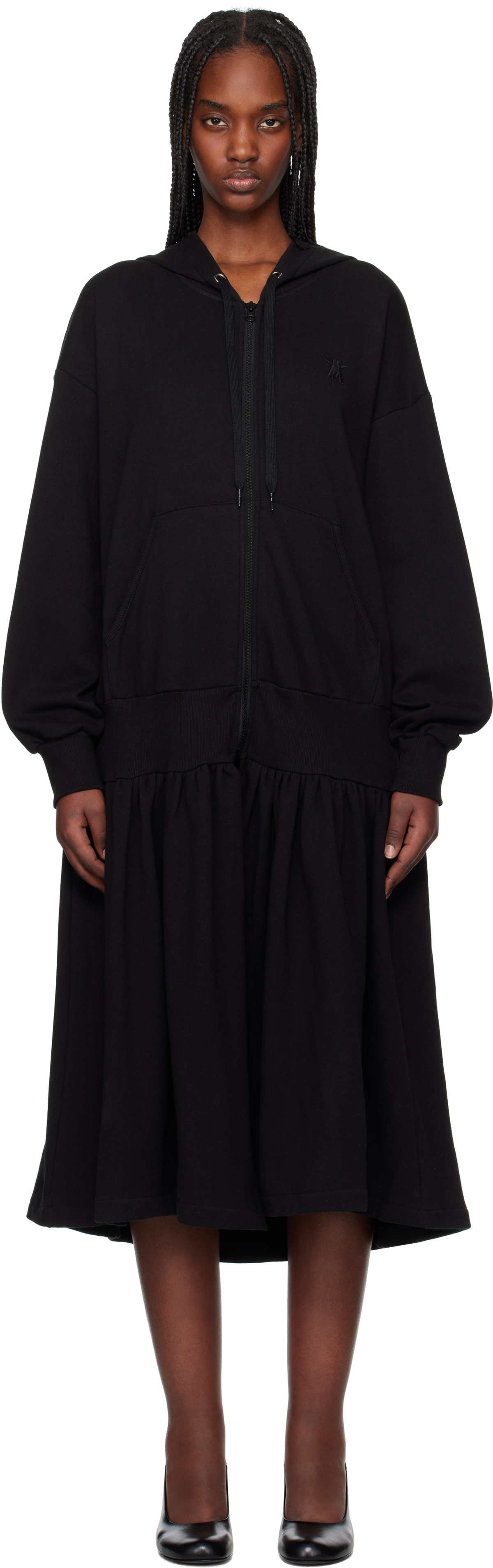 OPEN YY Black Jersey Shirring Hoodie Midi Dress OPEN YY
