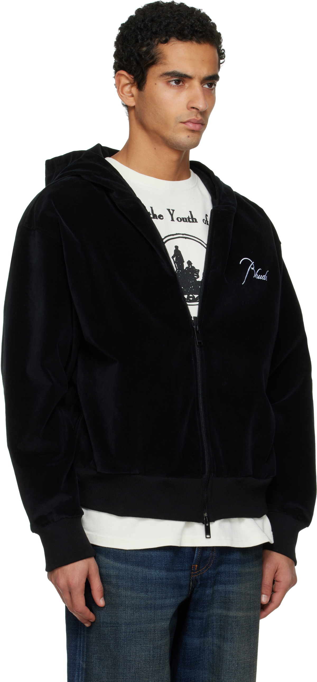 Rhude Black Velour Classique Zip-Up Hoodie