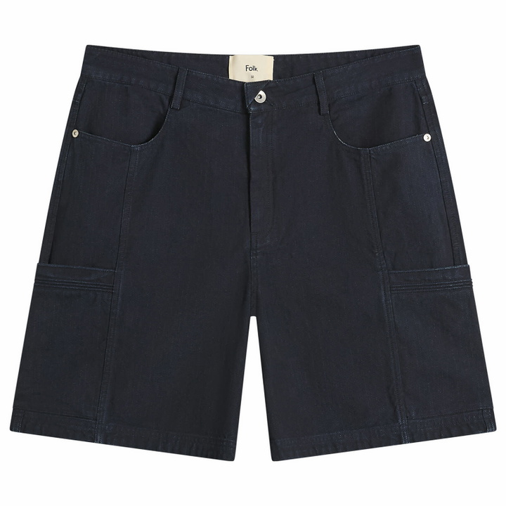 Photo: Folk Men's Lunar Jean Short in Deep Indigo Herringbone